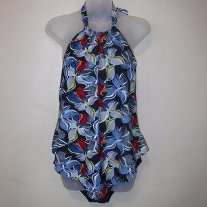 Island Pearls Feather Leaf Print Halter Underwire One Piece Swimsuit Womens 10